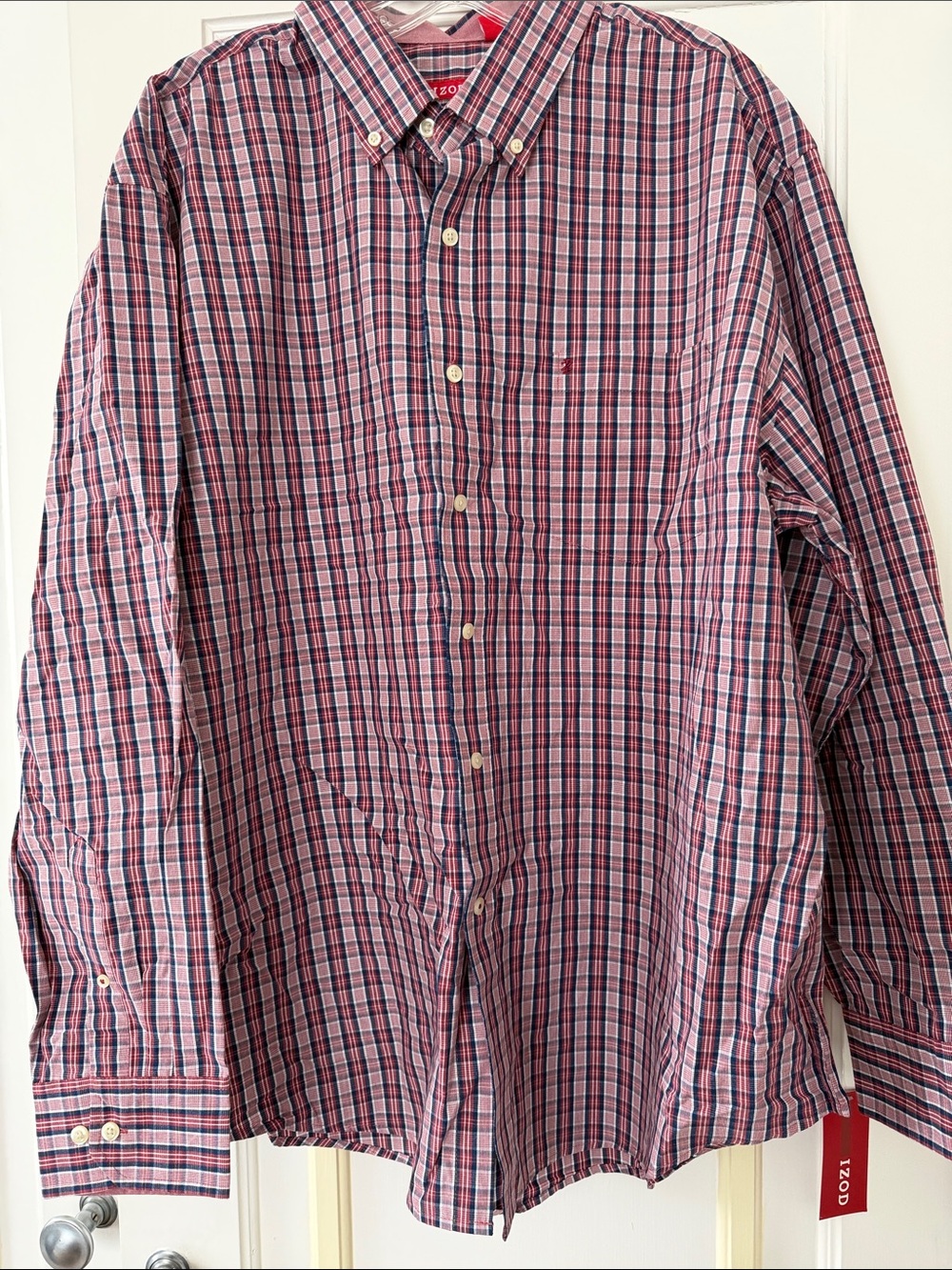 Izod Men's Red and Blue Plaid Button-Down Shirt